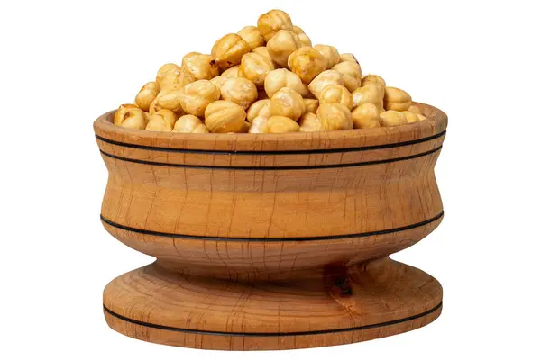 Roasted Hazelnuts Wood Bowl Peeled Hazelnuts Kernel Isolated White Background — Stock Photo, Image