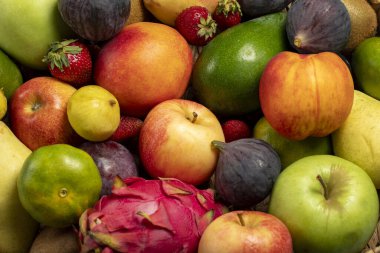 Yiyecek arka plan meyve koleksiyonu. Elma çileği banner kivi üzümlü meyve arkaplanı. Kapat.