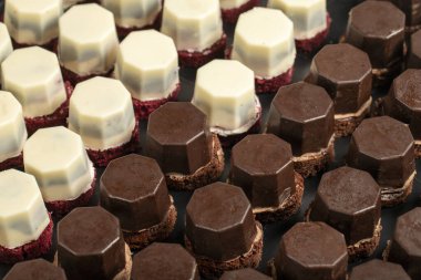 Küçük çikolatalı pasta. Çikolatalı ve kremalı tartlı kek. Kapat.