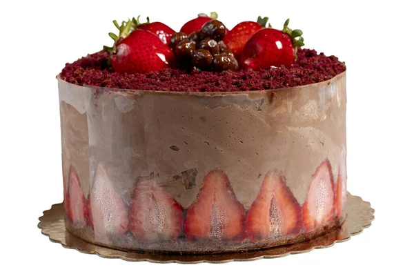Birthday cake. Strawberry and cream cake isolated on white background. Close up