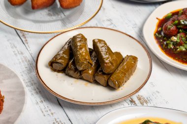 Aperatif çeşitleri. Geleneksel Türk ve Arap lezzetleri. Beyaz ahşap arka planda çeşitli meze tatları. Dolma, Muhammara, zeytinyağlı enginar, kibbe, tavuk salatası, patlıcan salatası