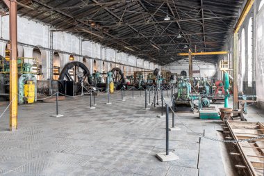 Katowice, Silesia, Poland - January 20th 2023: Hall interior of Walcownia Cynku (zinc rolling mill) with some unique equipment and machinery. Museum of history of the development of zinc metallurgy.