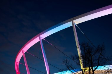 Chorzow 'daki Silesian Park. Akşamları Silezya Stadyumu. Aydınlatılmış stadyum yapısı. Önplanda göl.