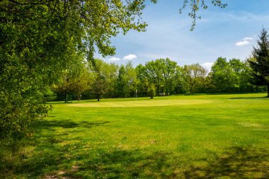 Siemianoya 'daki Bazantarnia Parkı' nda golf sahası, Silezya, Polonya. Yeşil, taze ağaçlarla çevrili mükemmel kesilmiş çimenler. Orta Avrupa 'da güneşli bir bahar günü. Golf bir açık hava aktivitesi olarak.