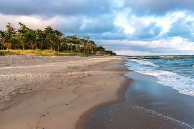 Baltık Denizi kıyısındaki Polonya cenneti. Gün doğumu ve güzel renkli bir sabah.