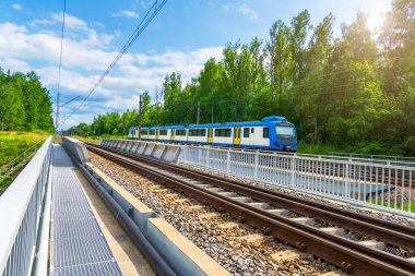 Demiryolu çekişi. Demiryolu köprüsünde yolcu treni.