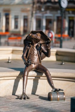 Bielsko-Biala, Polonya - 18 Ocak 2024: Polonya Ordu Meydanı 'nda (Plac Wojska Polskiego) bulunan bir kurbağanın bronz heykeli. Şehrin mimarisine hoş ve komik bir şehir dekorasyonu..