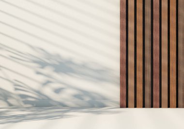Duvarında ahşap lamella olan beyaz bir arka plan. Ürünleri minimalist tarzda sunmak için soyut bir arkaplan. Perdelerin ve bitkilerin gölgesi