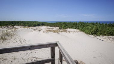 Güzel Lubiatowo kumulları. Gözlem güvertesinden, kum tepelerine ve Baltık Denizi 'ne bakın. Bakış açısı