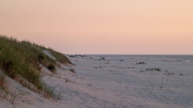 Beautiful orange sky over the sea. Beautiful sandy beach. Golden hour. Baltic Sea, Slajszewo, Poland clipart