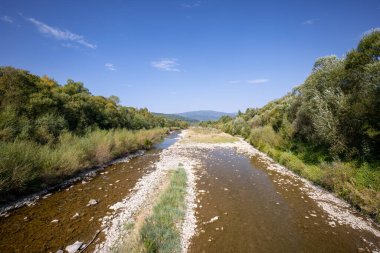 Güneşli bir günde güzel bir dağ manzarası. Doğal kıyı şeridi. Nehirde az miktarda su var. Beskid Dağları. Sola Nehri. 