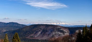 Güzel bir dağ manzarası. Arka planda Tatra Dağları 'nın karla kaplı zirveleri. Zywiec Beskids 'daki Rycerzowa dağlarının manzarası. Polonya dağları