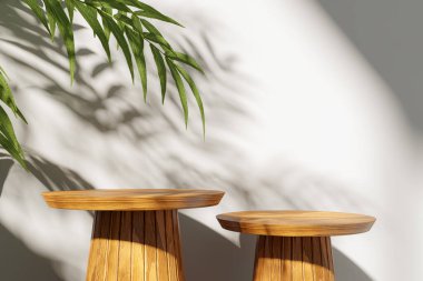 Ürün sunumu için arka plan. Ahşap modern tablolar biçimindeki ürünler için iki platform ev bitkilerinin oluşturduğu gölgelerle kaplı bir duvarın arka planına karşı. maket konsepti