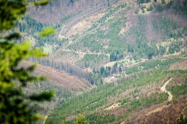 Güzel dağ vadisi. Baharın başında. Rycerka Gorna. Wielka Racza 'dan görüntü. Beskid Zywiecki. Uzun odak uzaklığı