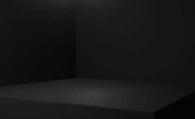 Siyah oda köşesi arka planı. Açılı karanlık sahne. Model oluşturma veya basit reklamlar için minimal podyumu olan boş bir duvar