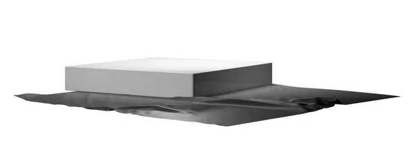 シルバーシルクカーテンの上に横に白い表彰台と3Dレンダリングシーン 製品のプレゼンテーションモックアップのための隔離された空の台座 背景のない最小限のプラットフォームテンプレート — ストック写真