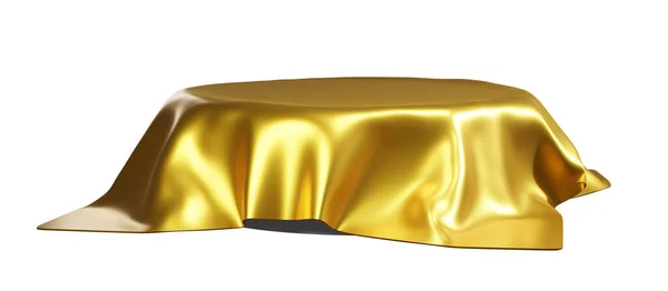 Goldener Seideneinband Auf Dem Podium Isoliertes Konzept Für Produktwerbung Stoffverstecken — Stockfoto