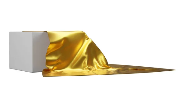 Vereinzeltes Würfelpodest Mit Fallendem Goldgewebe Enthüllen Sie Überraschung Oder Geschenk — Stockfoto