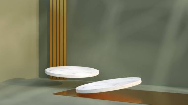 3d render composition with flying cylinder podiums. Realistic jewelry stand with gold wall and floor. Luxury cosmetic mockup with empry space.