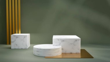 3d render olive scene with marble and golden cubes. Cylinder jewelry pedestal with nature light. Luxury product presentation mockup on green background with gold wall.
