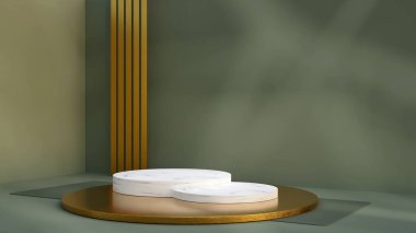 3d render with side view cylinder marble pedestals in green angle room. Premium advertising mockup with summer light and shadow effect. Nature and gold concept banner.