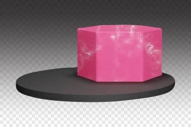 Pink hexagon and black round podium for product showcase. Double stone pedestal in vector.