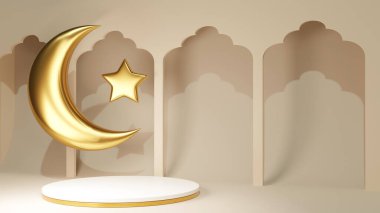 3d render simple podium with arabic decoration for advertising banner. Turkish golden crescent and star near jewelry stand. Product display pedestal with arc for Eid Mubarak.