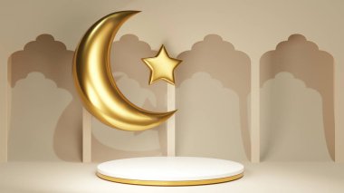 3d render simple podium with arabic decoration. Turkish golden star and crescent near jewelry stand. Product display pedestal for Eid Mubarak.
