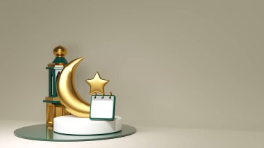 3d ramadan podium with golden crescent and star. Pedestal with calendar on muslim background for EID. Jewelry stage near green mosque.