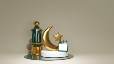 Modern 3d render scene with mosque, golden star and pad to place text or date. White podium with crescent for jewelry advertising banner. Greeting template to Ramadan Kareem.
