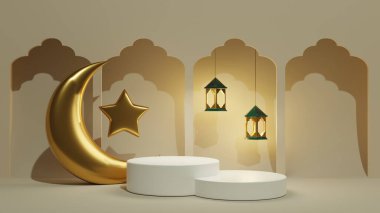 3d render Ramadan Kareem podium for product advertising on muslim celebration. Islamic lantern with golden moon and star. Double pedestal for jewelry.