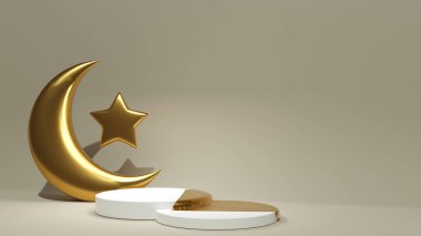 Golden crescent with star near two white podiums on beige background. 3d render scene with turkish layout. Muslim sale banner template. Jewelry stand reveal cloth.