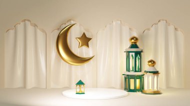 3d Ramadan Kareem card template with jewelry stage. Moslem banner decorated with podium, golden crescent and mosque.