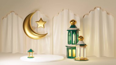 3d render jewelry podium with Ramadan Kareem celebration background. Golden crescent with star and curtains in arc. Modern islamic interior with product display pedestal.