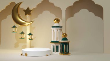3d render Ramadan Kareem celebration background for advertising banner. Arabic decoration and mosque near product display pedestal. Jewelry stand with islamic golden crescent and star with arc.