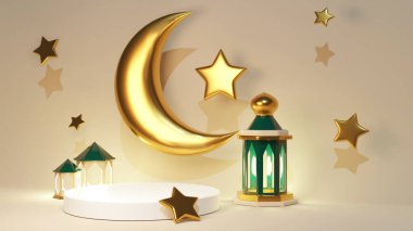 Turkish advertising mockup with golden crescent and stars. Green mosque and lantern near product display podium. Jewelry stand template.