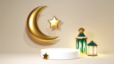 3d render scene with Ramadan Kareen product stand and podium. Golden Crescent with stars on muslim background. Beige wall with green lantern and soft light banner.
