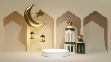 3d render scene for Ramadan Kareem product podium background. Arabic pedestal with moon, star, latern and mosque. Gold and green pedesral for jewelry presentation with beige wall.