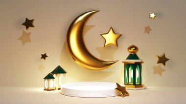 3d render white podium for Ramadan Kareem celebration banner. Islamic jewelry stand with arabic decoration. Green mosque near lantern and golden crescent.