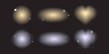 Soyut y2k gradyan yumuşak şekil kümesi. Estetik aura kalp figürü ve çizgi geriye dönük tasarımı. Vahşiliğin retro-dairesel geometrik karışımı. Pastel renkli ig hikayeleri için psikedelik bulanık papatya koleksiyonu.