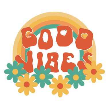 Güzel titreşimler, çılgın parti partileri ve çiçekli metin tasarımı. Kadın gömleği için papatya çiçeği desenli eski moda slogan. Gökkuşağı sembollü şirin psikedelik pozitif alıntı kelime etiketi