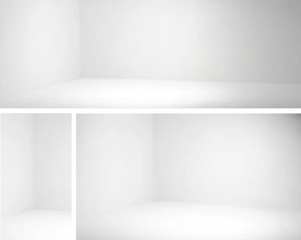 白色墙角的空墙3D室内设置 全景工作室空间内的透视在房子里 故事演示模板的具体角度模型 灰色清洁垂直写字楼 — 图库矢量图片