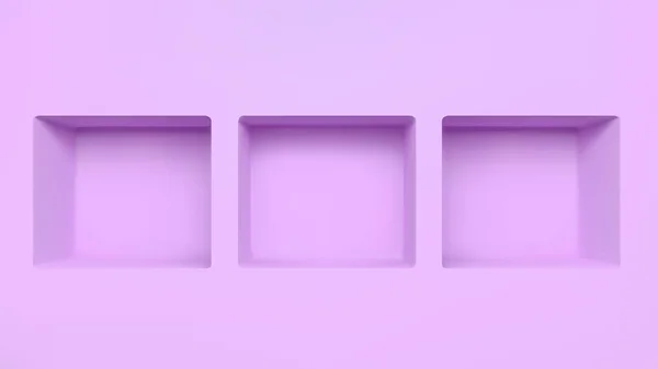 三维粉红空壁架架 博物馆或画廊的展品陈列孔 三个休息展览橱窗糖果颜色为商店展位 广告摘要渲染室内环境 — 图库矢量图片