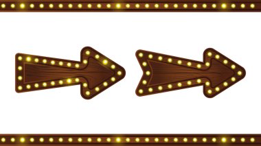 Ampul ışığı olan tahta ok işareti. Vegas 'taki sinema ya da tiyatroya yön vermek için klasik bir neon tabela çerçevesi. Salon oyunu ui boş ışıklandırılmış işaret çubuğu vektör elemanı.