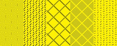 Sarı arka planda siyah, küçük, pürüzsüz bir çizgi var. Minimum geometrik moda deseni. Retro İskandinav dağınık gürültü hikayeleri için duvar kağıtları serpiyor. Çapraz fırça darbesi yinelemesi