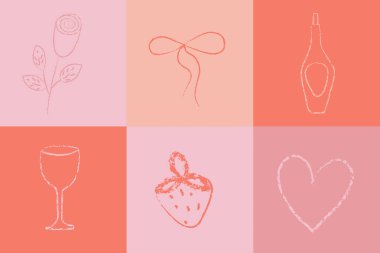 Geometrik Sevgililer Günü ögesi ayarlandı. Boya kalemi kalp çizimi. Grunge el dekorasyon için aşk, gül ve şarap romantizmi grafiği çizdi. Modern fayanslı basit bir düğün fırçası tasarımı.