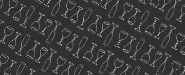 Tebeşir şarabı kadehinin bağbozumu. İspanyolca kulübü için biyo-dinamik kokteyl ile siyah illüstrasyon karalama çizgisi. Boya kalemi reklamı. Yerel mağazalar için yaratıcı panorama çizim sunumu