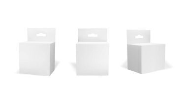 3D sekme kutusu maketi. Ürün için beyaz siyah paket. Küçük bir kutu ilaç kutusu. Kozmetik krem ya da askılı kağıttan yapılmış çay mankeni şeklindeki kağıt. Ön ve yan küp paketleme. Düz yuva kartonu