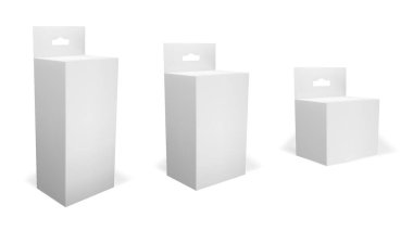 Boş 3D asma kutusu modeli. Beyaz dikdörtgen karton kutu ilaç ya da kozmetik için hazırlanıyor. Ön ve yan düz dikdörtgen kabın şablonu. Gerçekçi dikey sahte askı kağıt ambalajı
