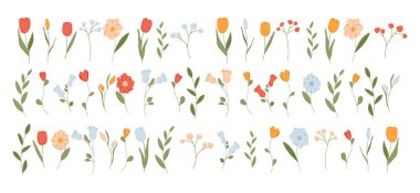 Şirin bahar çiçeği vektörü seti. Düz çiçek ve bitki ikonu elementi. Bahçe klibisinden yaz yaprağı. Arka planda yalıtılmış yaprakları olan basit doğa grafiği. Modern Asgari Paskalya şubesi tasarımı